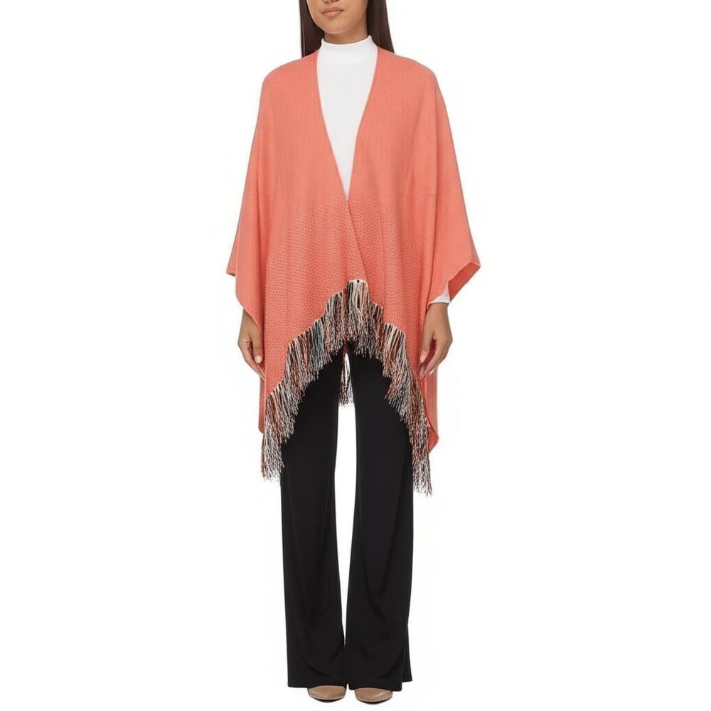 Mersea OS coral Pink Peach Travel Kimono Wrap Multicolor Fringe Poncho Knit Boho
